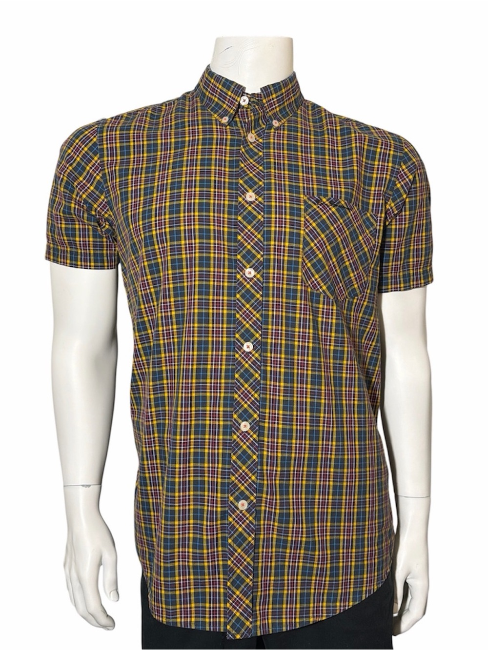 Ben Sherman Short-Sleeve Plaid Button-Down Shirt in Yellow, Green & Navy